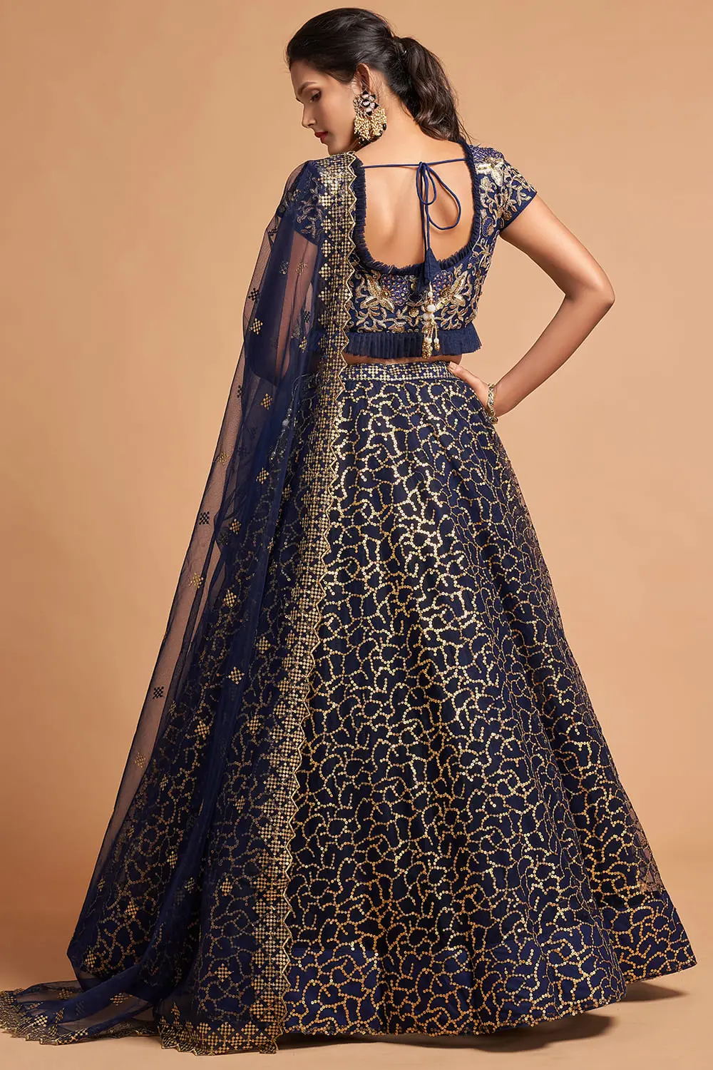 Back view of the soft net blouse showing adjustable tie-up and delicate zari border on Navy Blue Net Lehenga set.