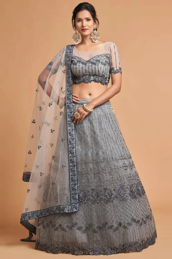 Full-length front view of the Light Grey Net Lehenga with zari lattice embroidery and sheer soft net blouse.