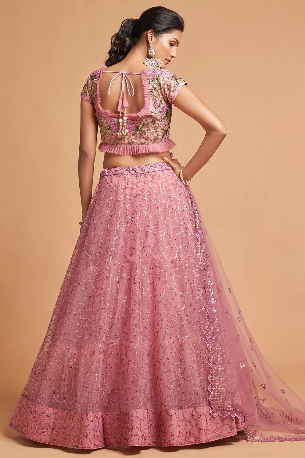 Back view of the blouse showing the dainty tie-up and zari-trimmed neckline on the Dusty Pink Net Lehenga set.