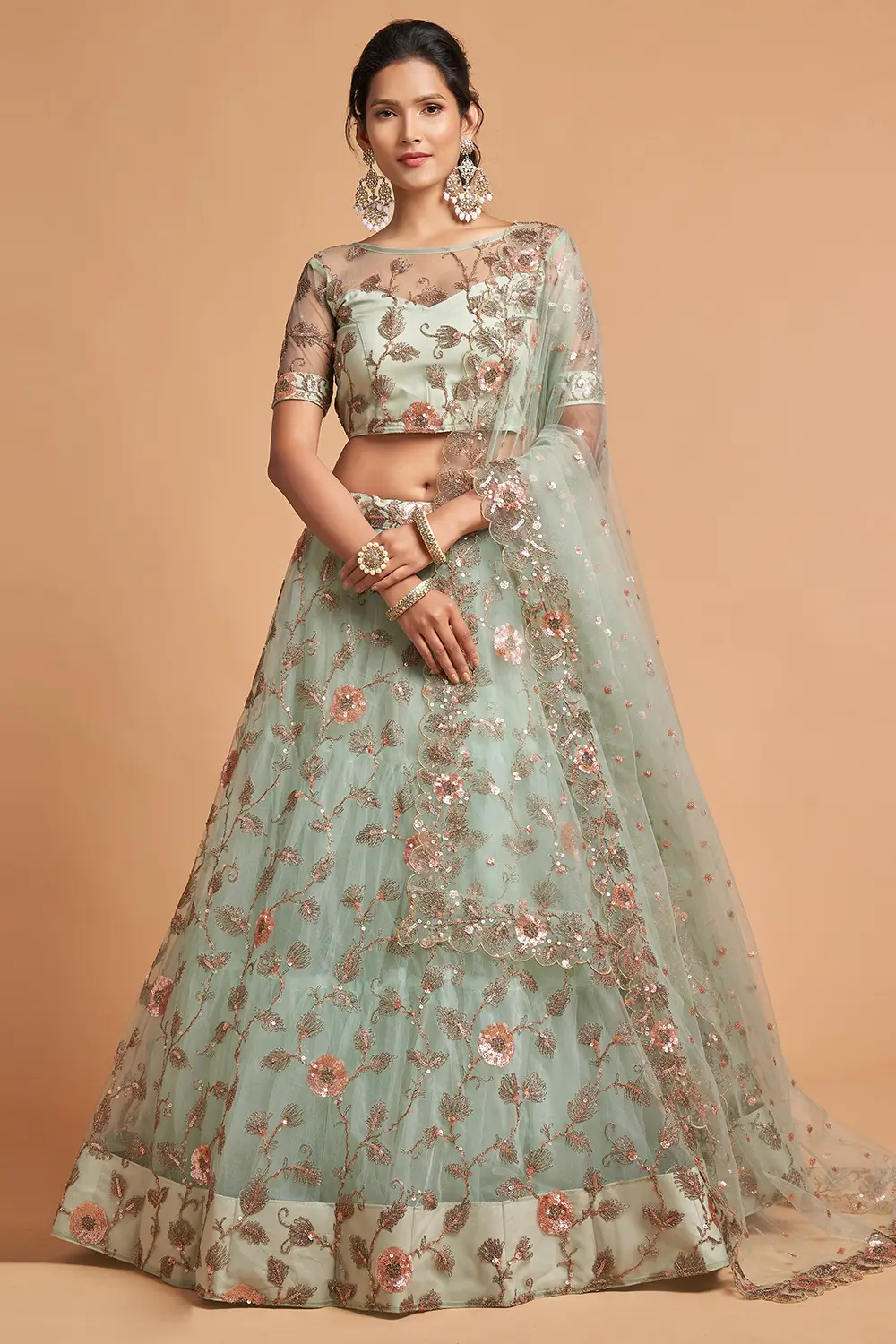 Sky Blue Net Lehenga Set | Soft Net Embroidered Lehenga with Zari Sequins & Long Sleeve Blouse Sky Blue Net Lehenga Set | Soft Net Embroidered Lehenga with Zari Sequins & Long Sleeve Blouse