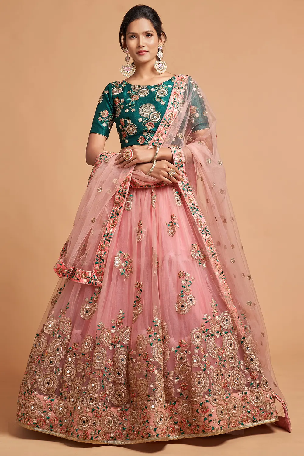Peach Net Lehenga Set | Soft Net Embroidered Lehenga with Zari Sequins & Long Sleeve Blouse Peach Net Lehenga Set | Soft Net Embroidered Lehenga with Zari Sequins & Long Sleeve Blouse