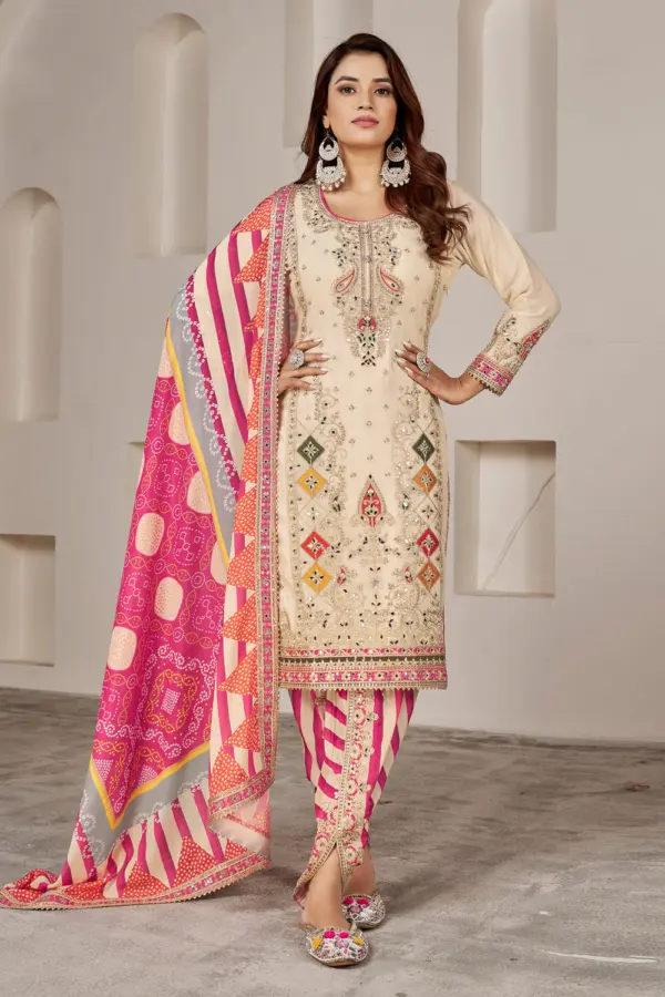 Beige dhoti tulip pant kurta set with chinon kurta and printed dupatta by Khaish