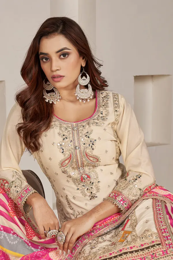 Handmade mirror work and dabka dori embroidery on beige chinon kurta yoke
