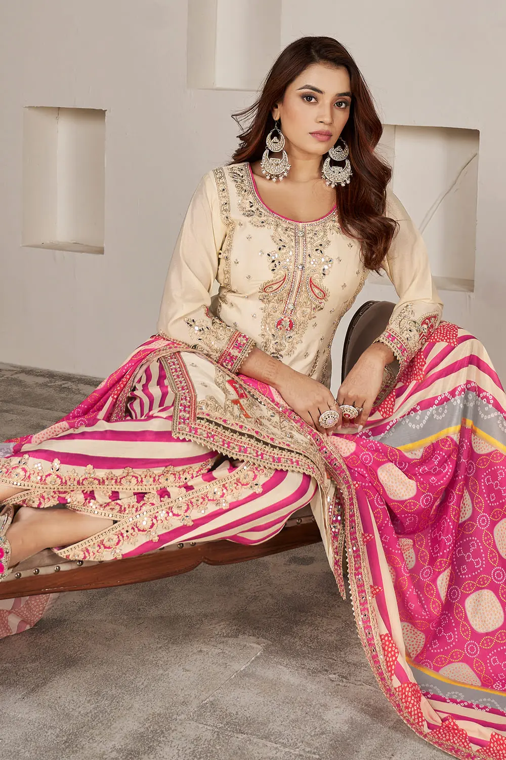 Digital print chinon dupatta with four side handwork border in neutral beige