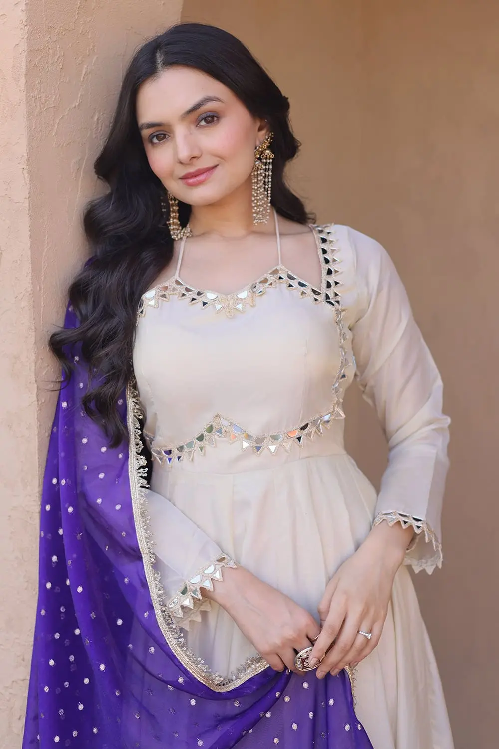 Patterned neckline with dori detail on ivory cosmos anarkali gown