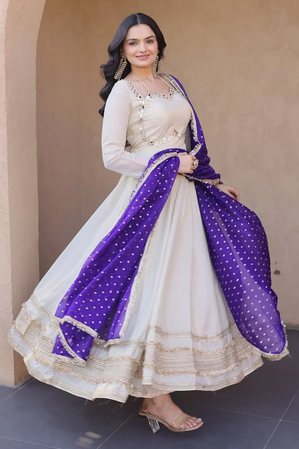 Real glass mirror work and zari embroidered lace on ivory anarkali