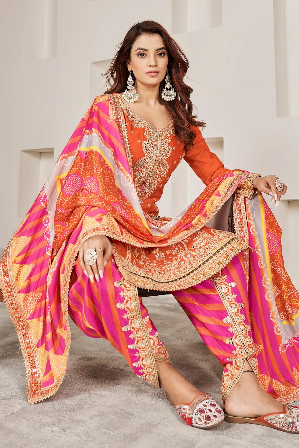 Digital print chinon dupatta with four side handwork border in orange