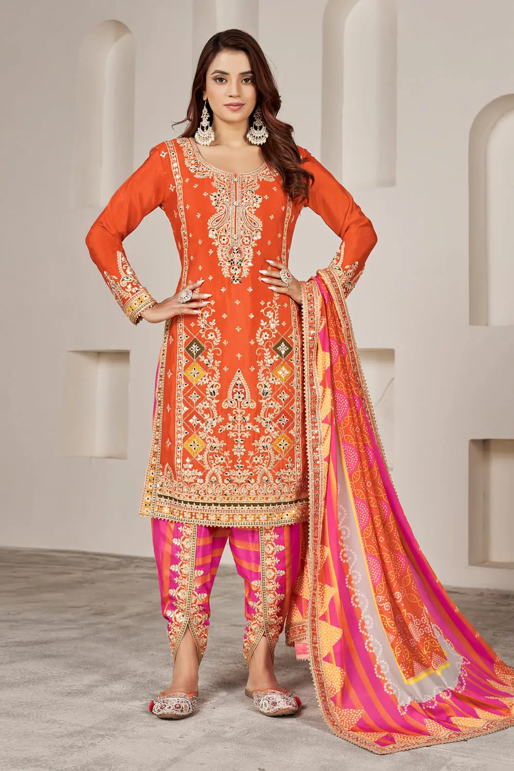 Bright Orange Dhoti Tulip Pant Kurta Set with Mirror Work and Digital Print Dupatta Bright Orange Dhoti Tulip Pant Kurta Set with Mirror Work and Digital Print Dupatta
