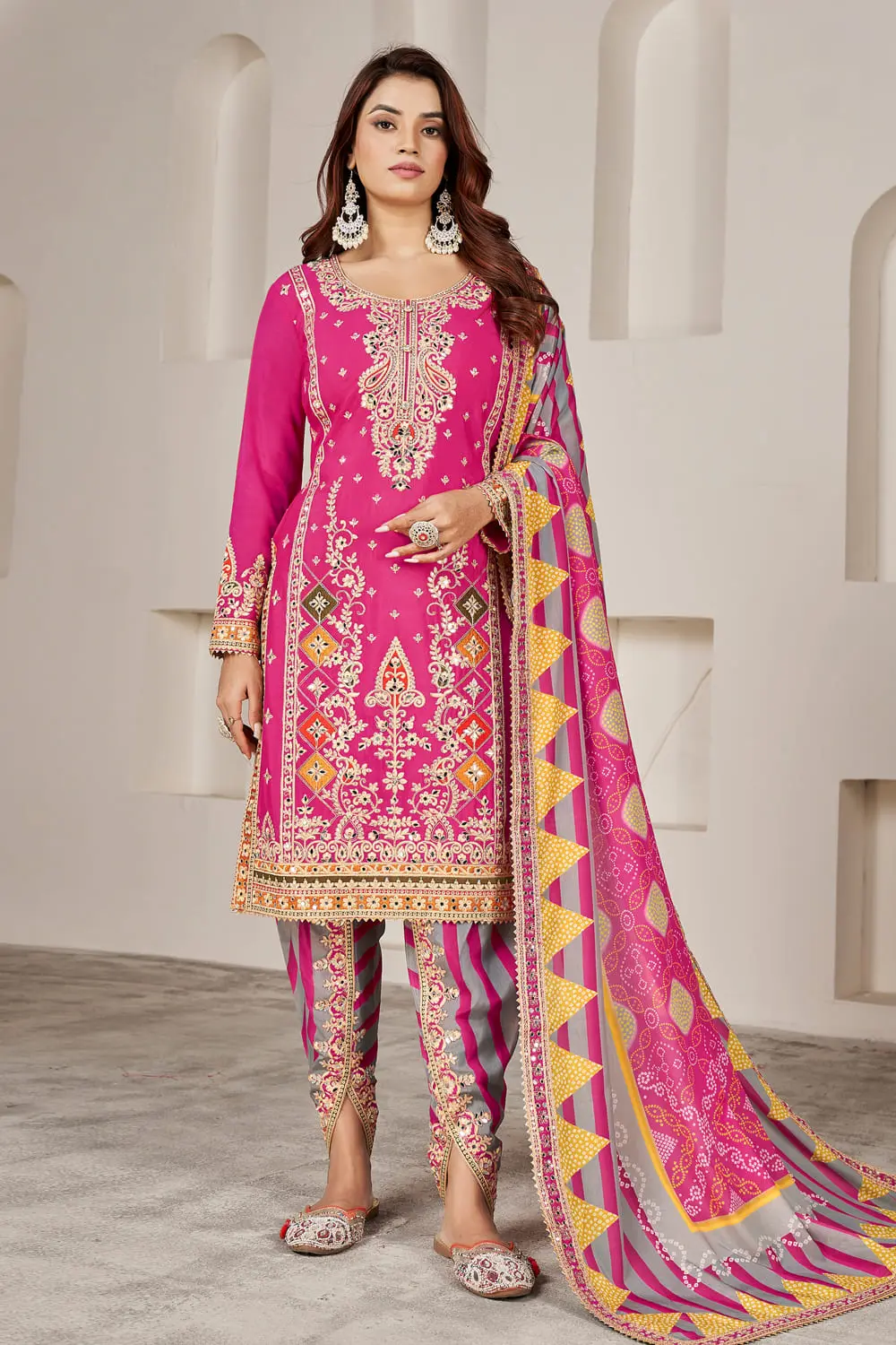 Deep Pink Dhoti Tulip Pant Kurta Set with Mirror Work and Digital Print Dupatta Deep Pink Dhoti Tulip Pant Kurta Set with Mirror Work and Digital Print Dupatta