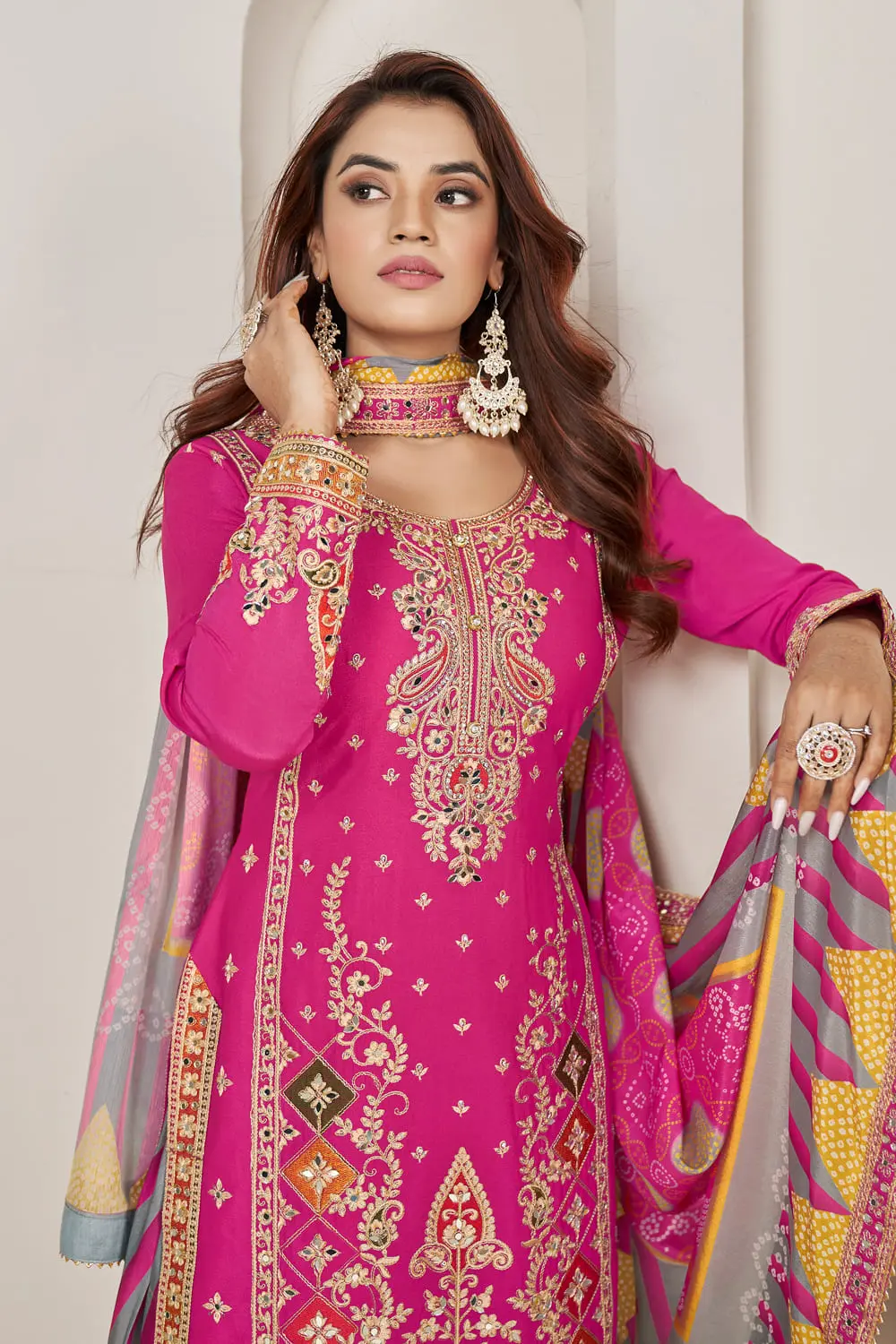 Digital print chinon dupatta with four side handwork border in pink