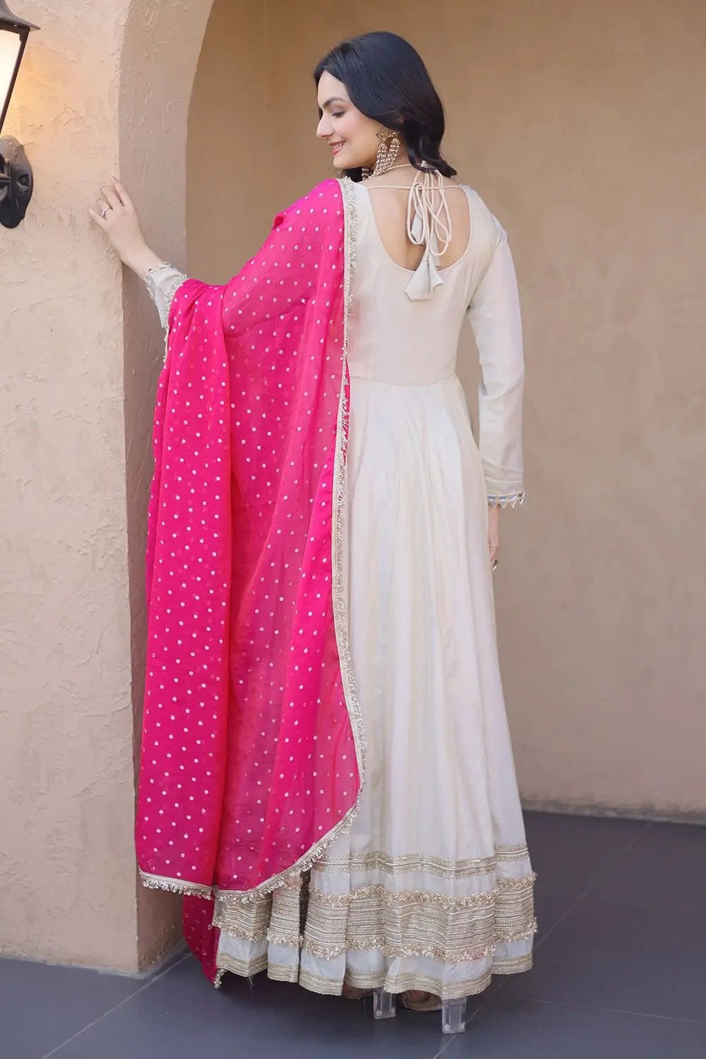 Real glass mirror work and zari embroidered lace on ivory anarkali bodice