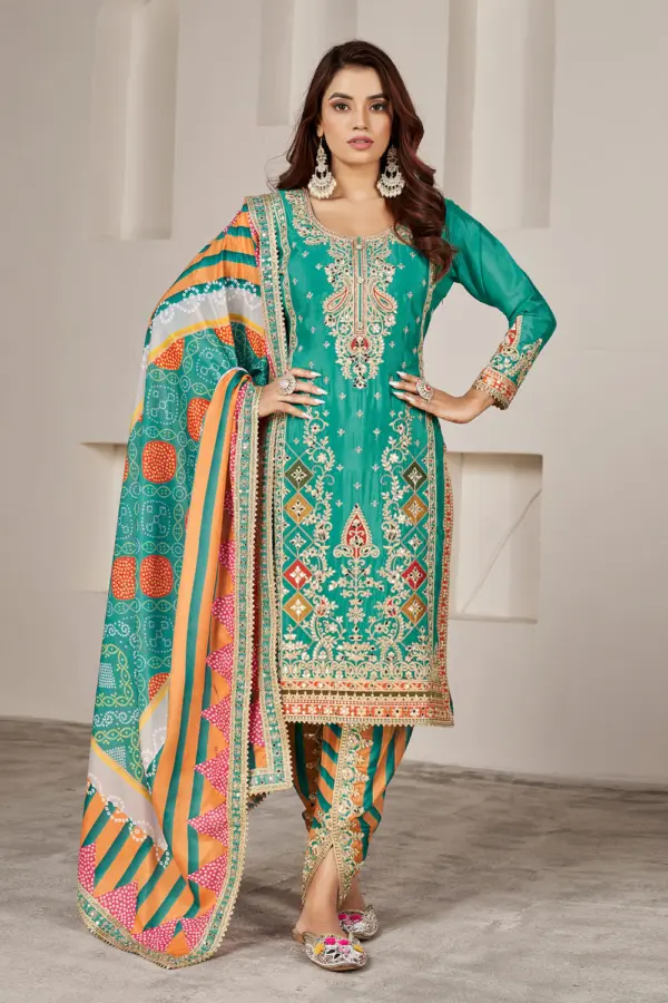 Teal dhoti tulip pant kurta set with chinon kurta and printed dupatta by Khaish