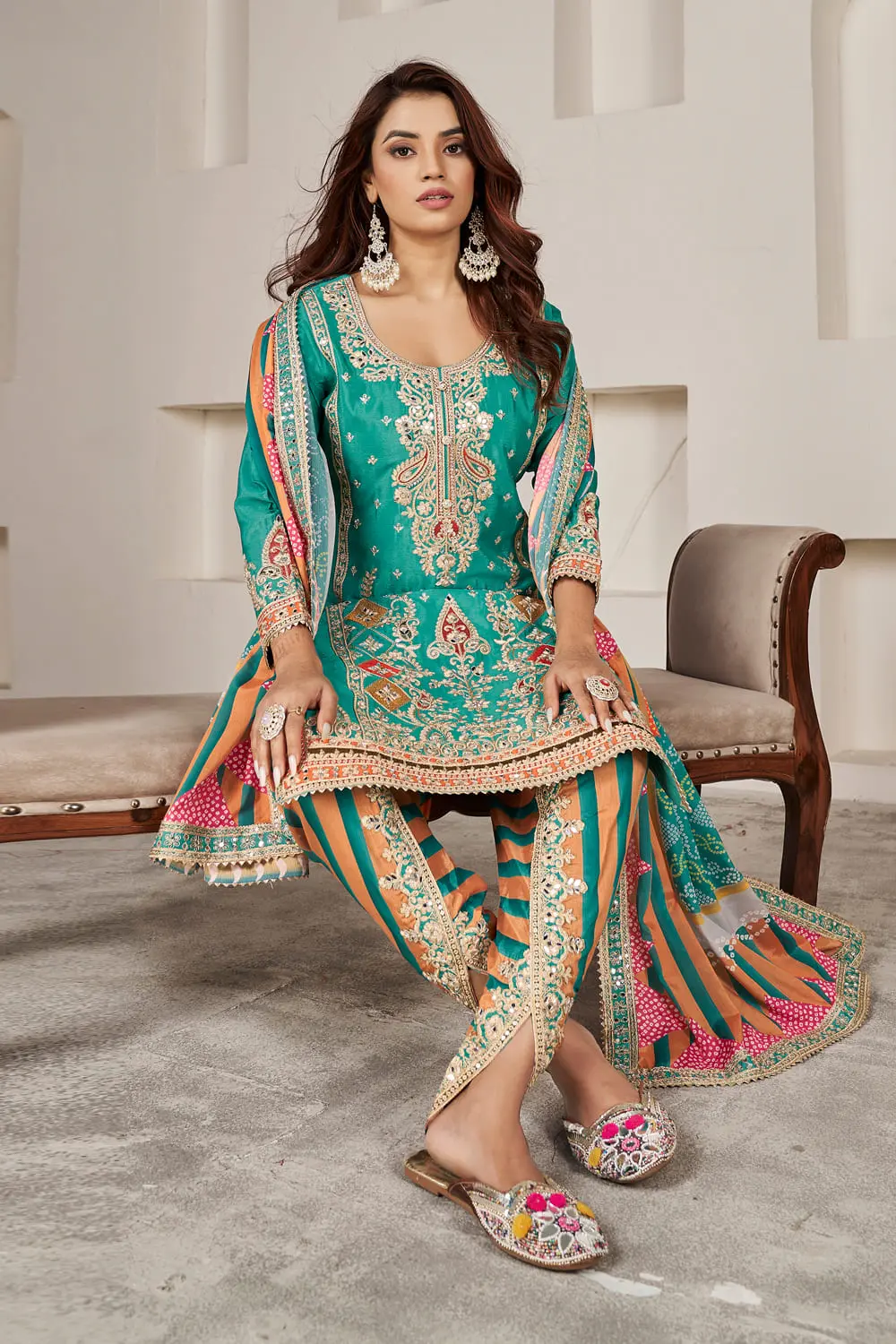 Digital print chinon dupatta with four side handwork border in deep teal