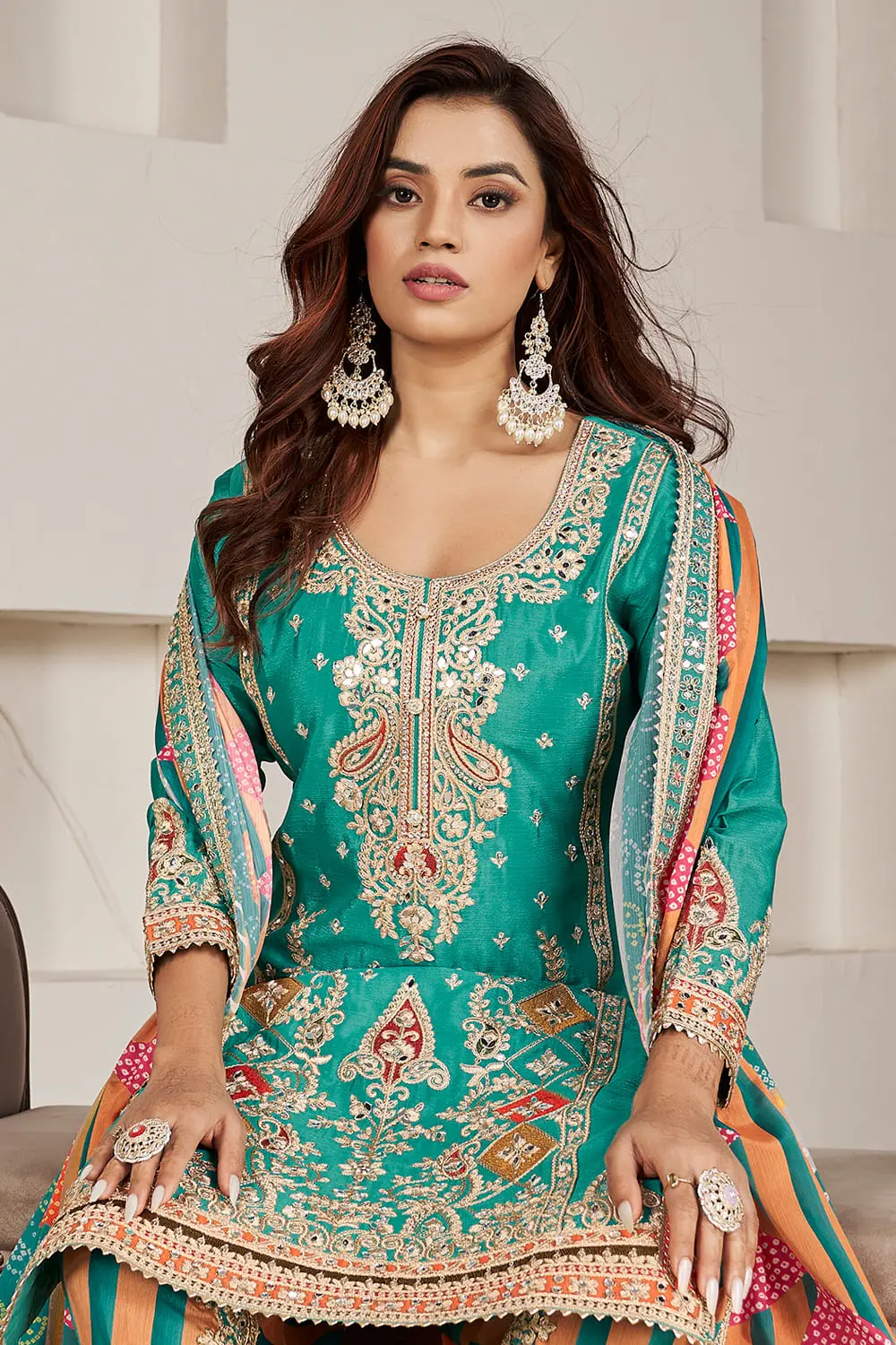 Rich teal dhoti tulip pant with embroidery lace and mirror work detailing