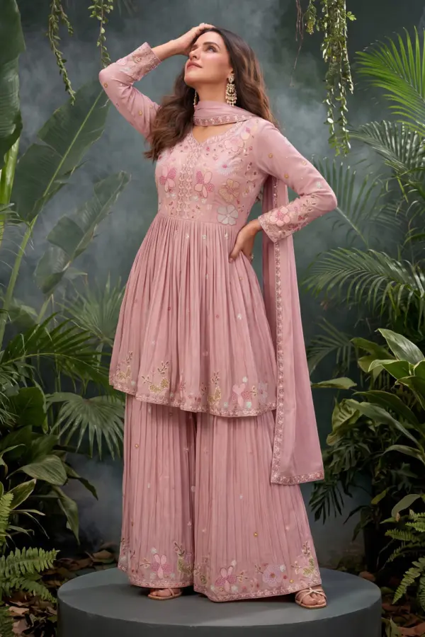 Pink kurta sharara set for party in premium chinon with embroidery by Khaish