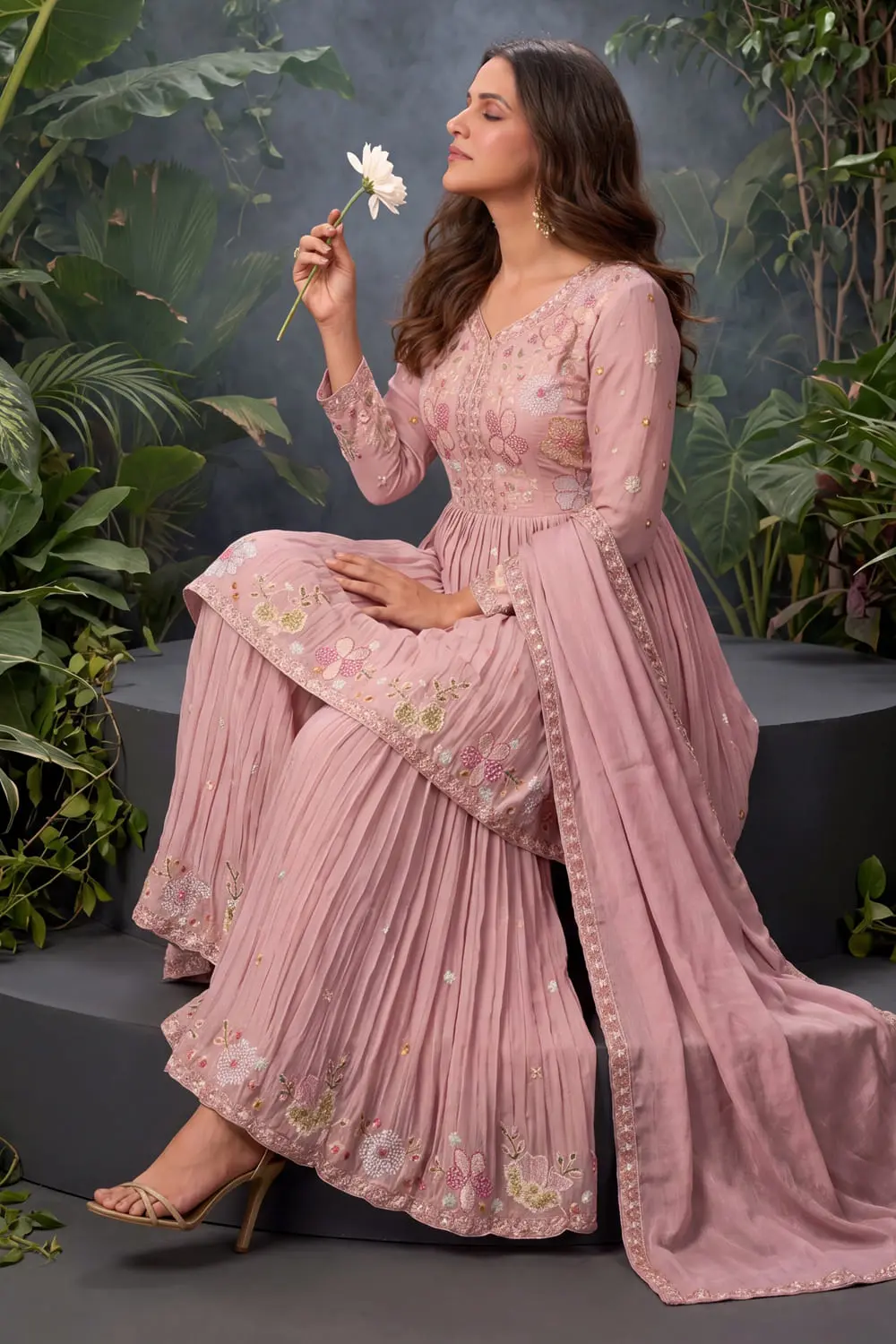 Close up of premium embroidery on pink chinon kurta