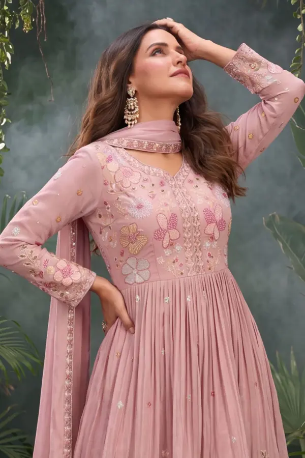 Pink chinon kurta sharara set styled with bordered dupatta