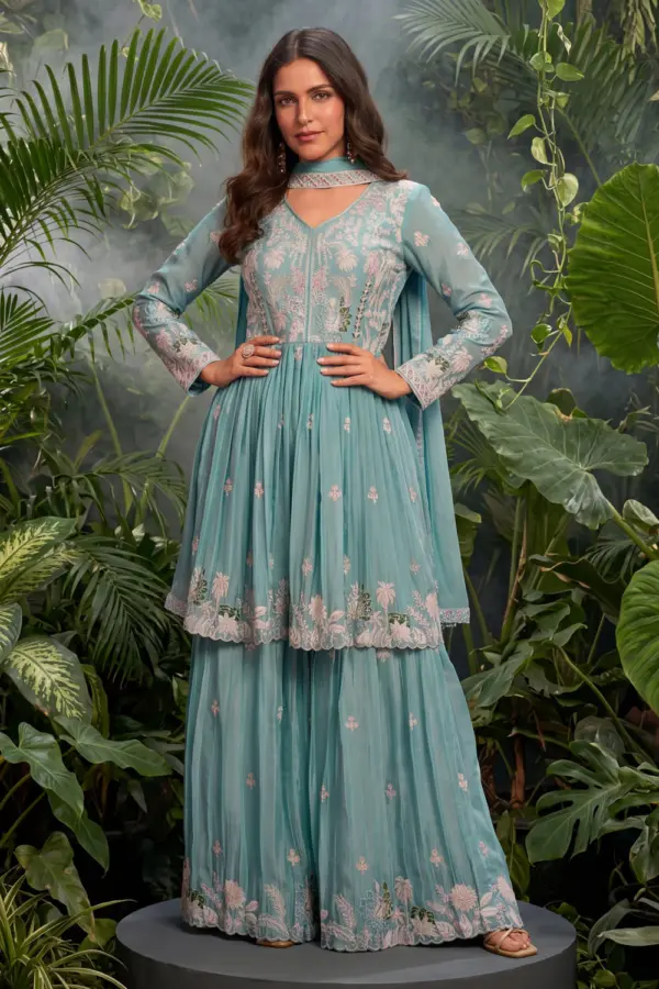 Mint blue kurta sharara set online in premium chinon with embroidery by Khaish
