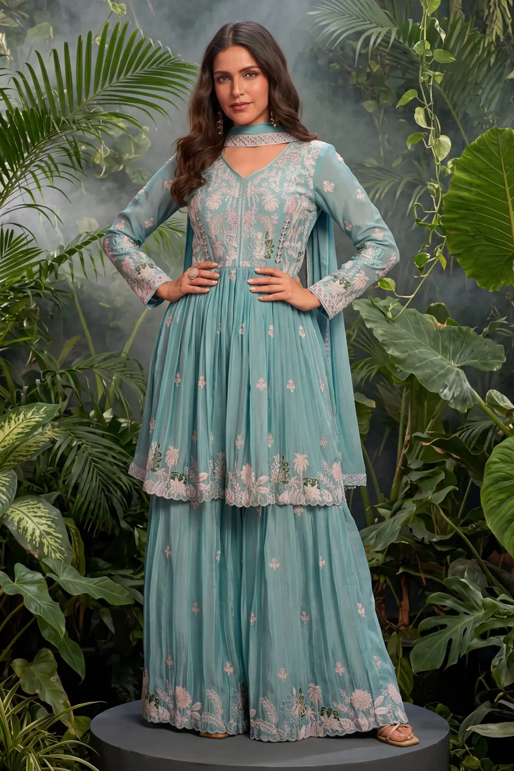 Mint blue kurta sharara set online in premium chinon with embroidery by Khaish