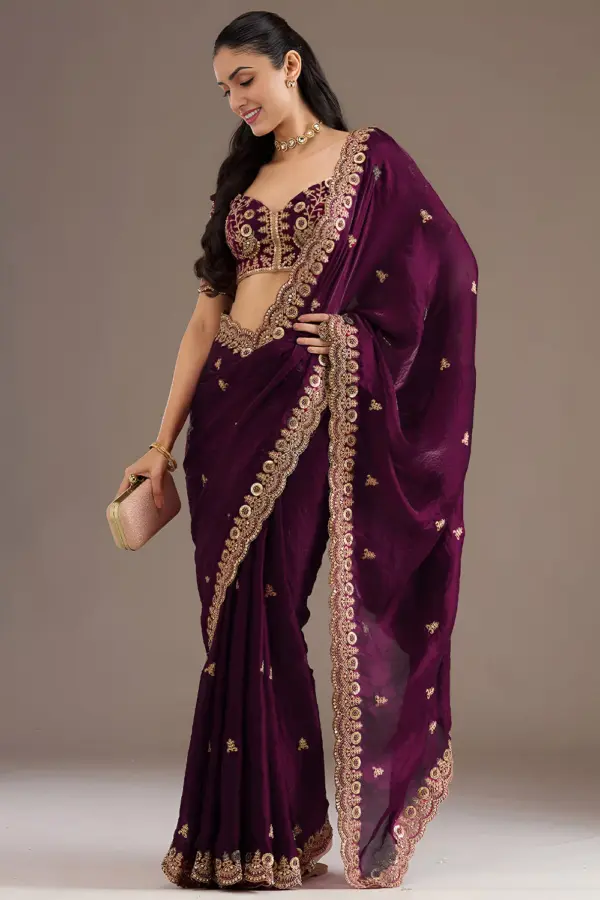 Wine tissue silk saree for party with sequins and zari work by Khaish