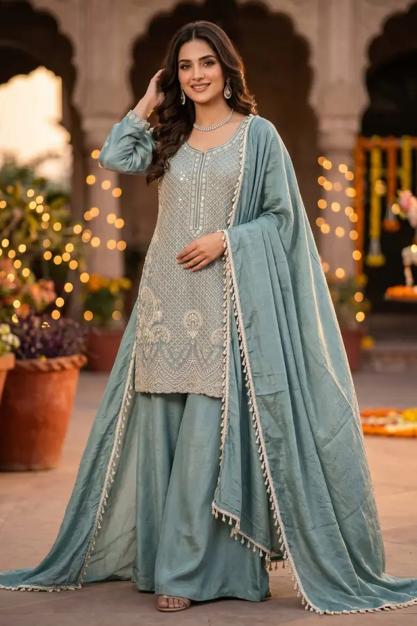 Aqua blue sharara kurta set with heavy beads work front view