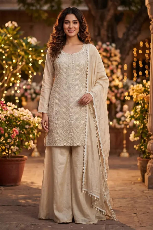 Beige sharara suit for women full front view featuring premium chinnon silk