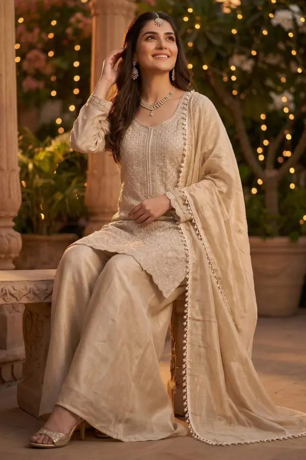 Elegant Indian formal ethnic wear beige sharara sitting pose