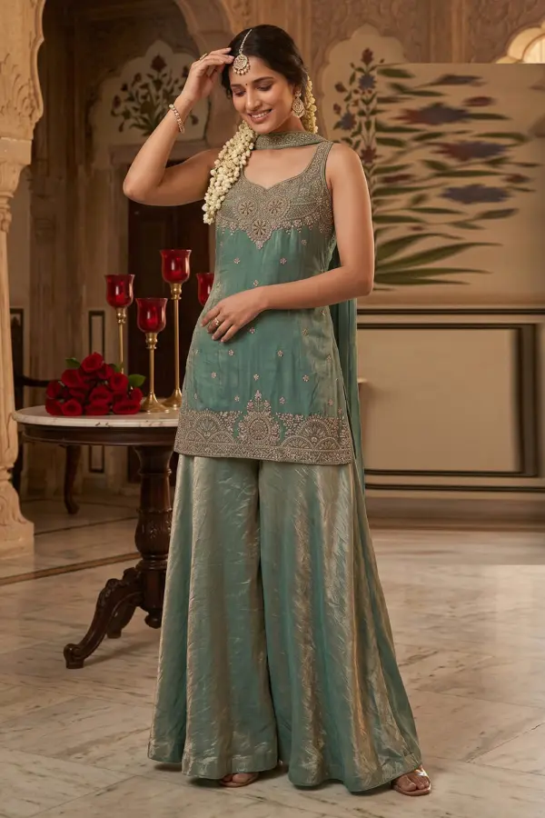 Mint green tora silk palazzo set for women with handwork and embroidery by Khaish