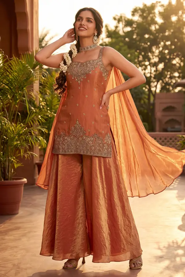 Orange tora silk palazzo set for festive wear with handwork and embroidery by Khaish