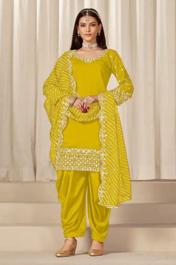 Yellow patiala salwar suit for women in Chanderi silk with organza dupatta by Khaish