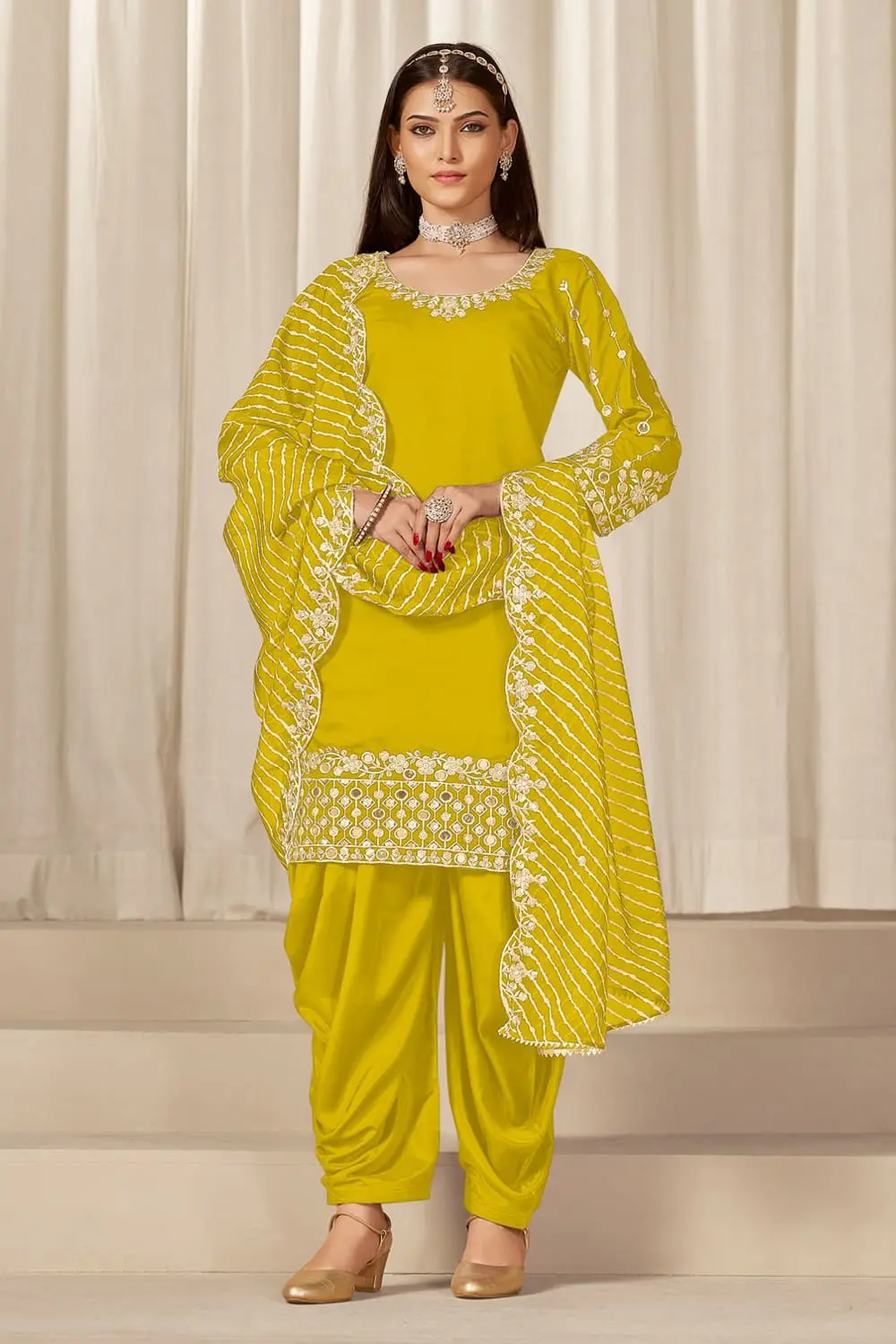 Yellow Patiala Salwar Suit with Chanderi Silk Top and Soft Organza Dupatta Yellow Patiala Salwar Suit with Chanderi Silk Top and Soft Organza Dupatta