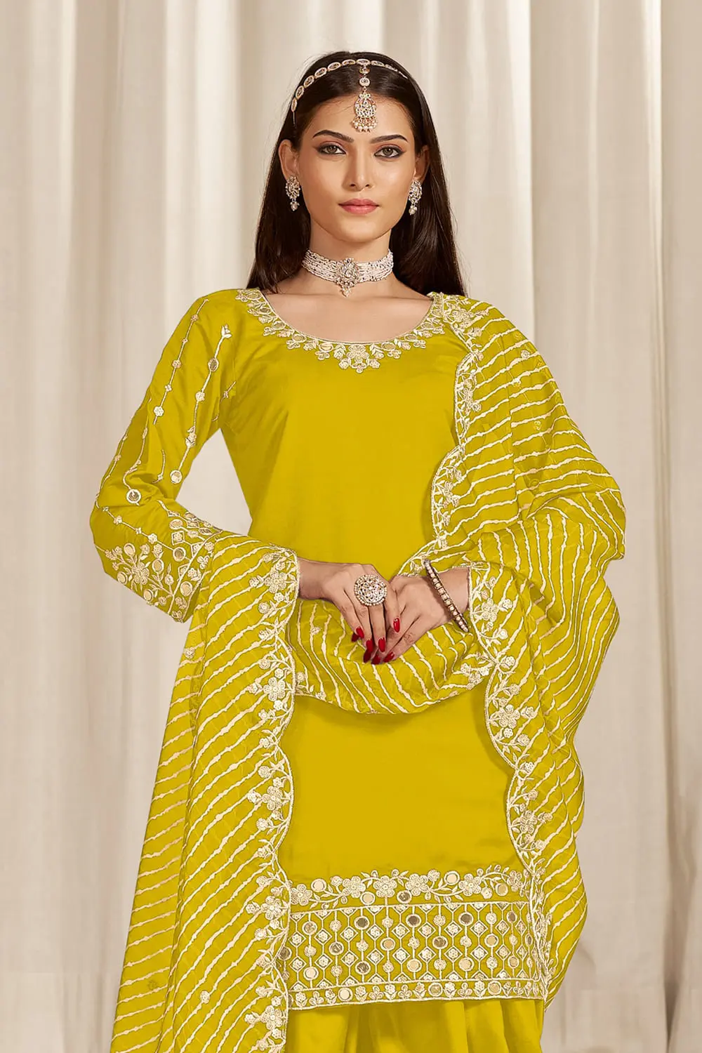 Chanderi silk top of yellow patiala salwar suit with soft sheen