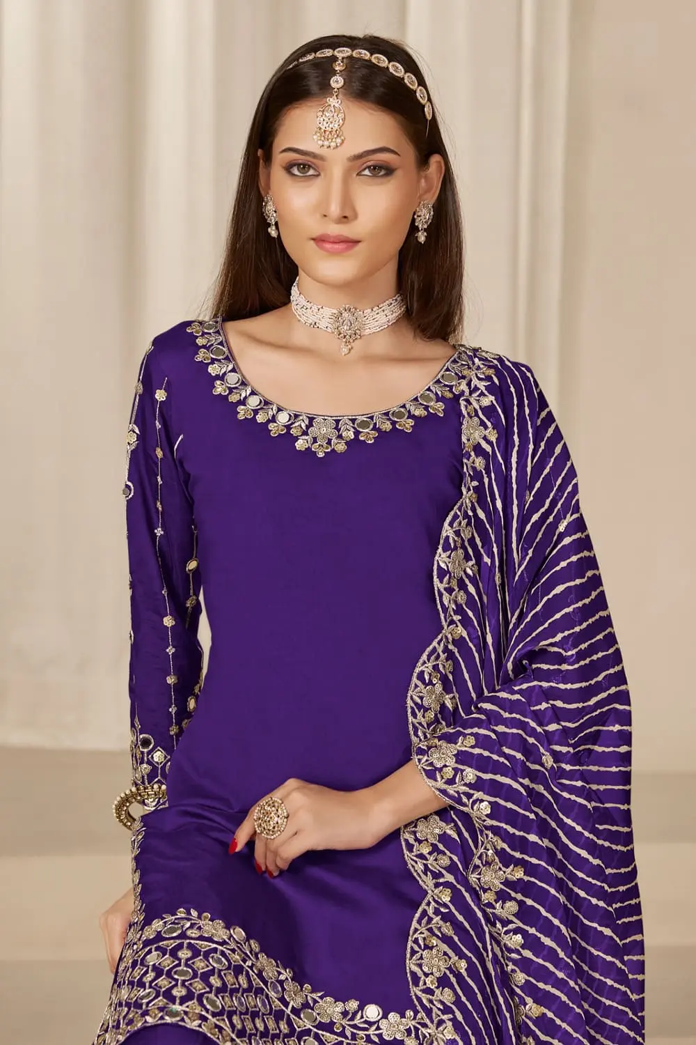 Chanderi silk top of deep purple patiala suit with soft sheen