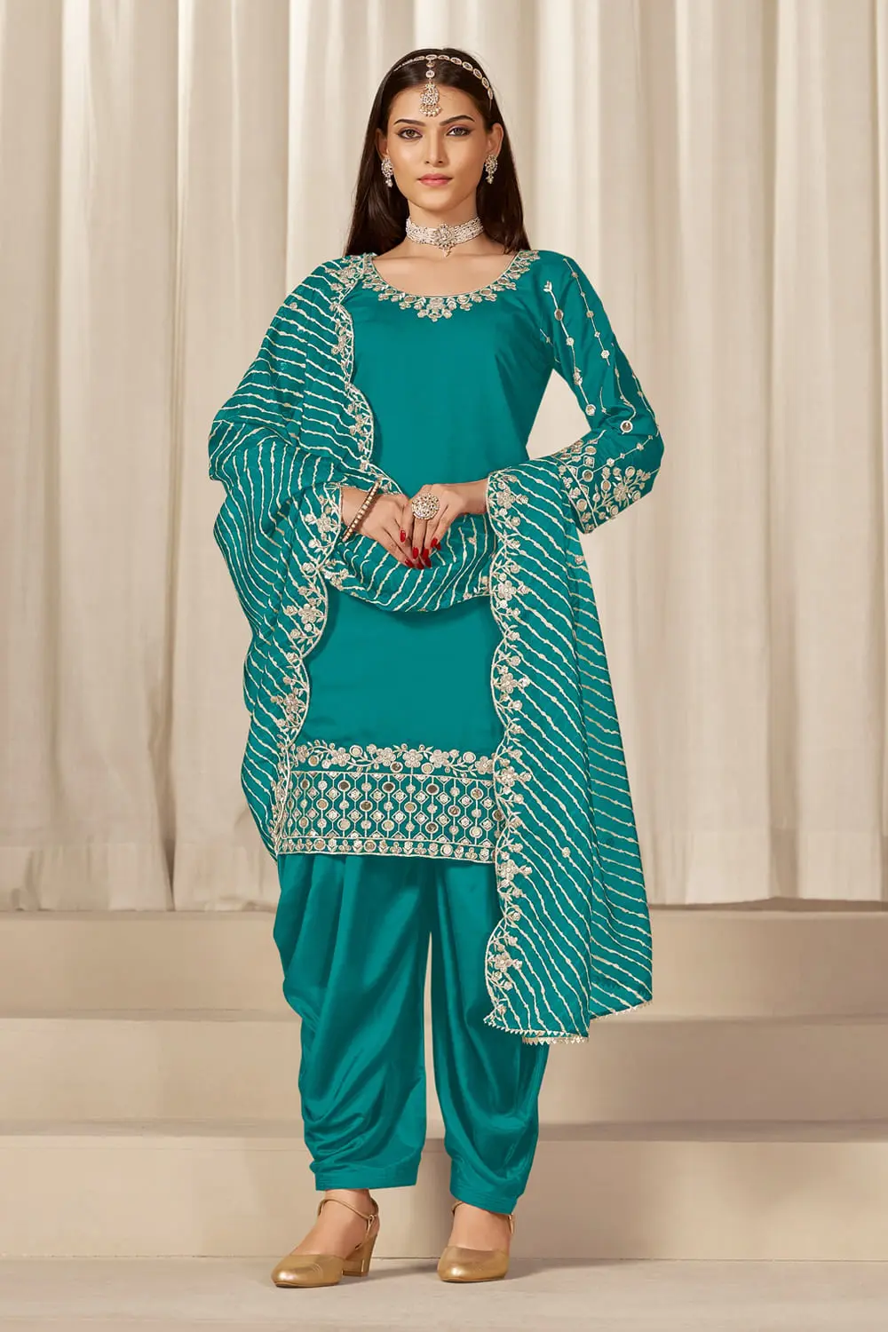 Teal patiala salwar kameez online in Chanderi silk with organza dupatta by Khaish