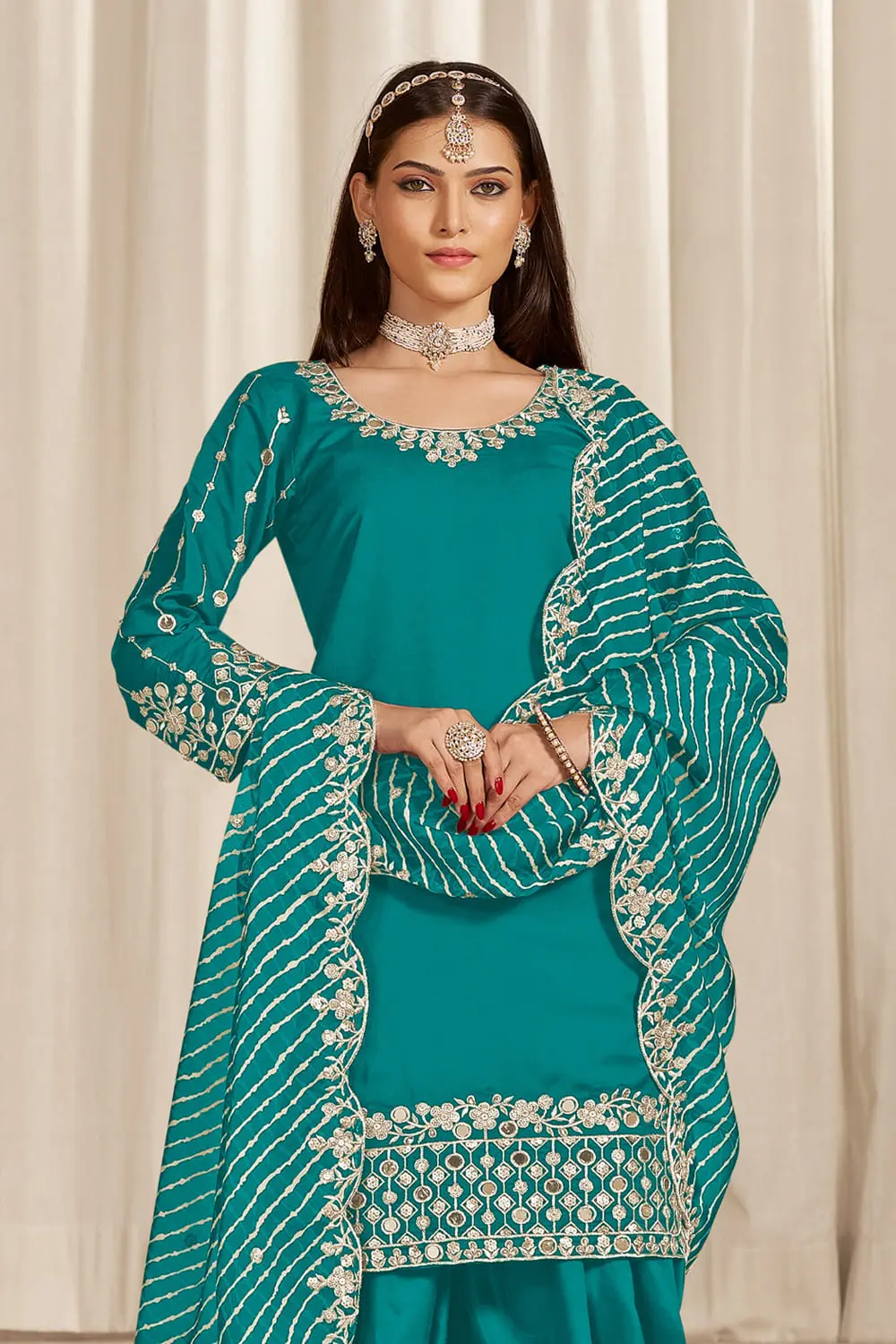 Chanderi silk top of teal patiala salwar kameez with soft sheen