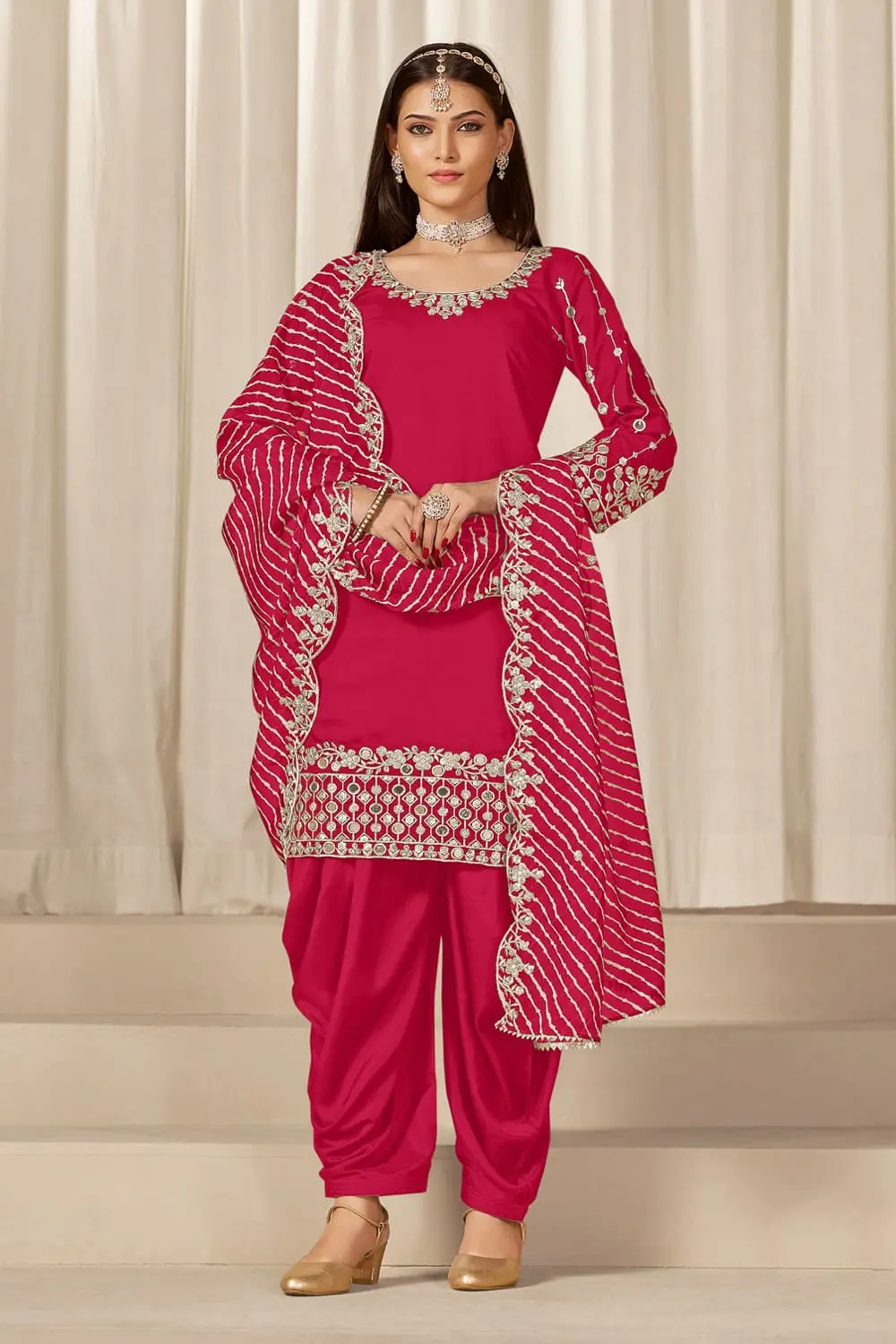 Hot Pink Patiala Suit with Chanderi Silk Top and Soft Organza Dupatta Hot Pink Patiala Suit with Chanderi Silk Top and Soft Organza Dupatta