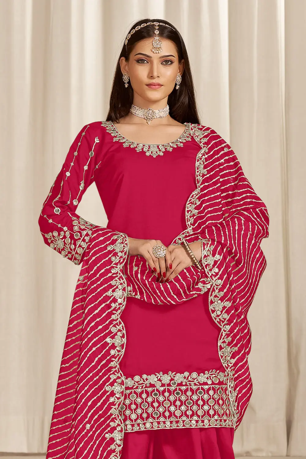 Chanderi silk top of hot pink patiala suit with soft sheen