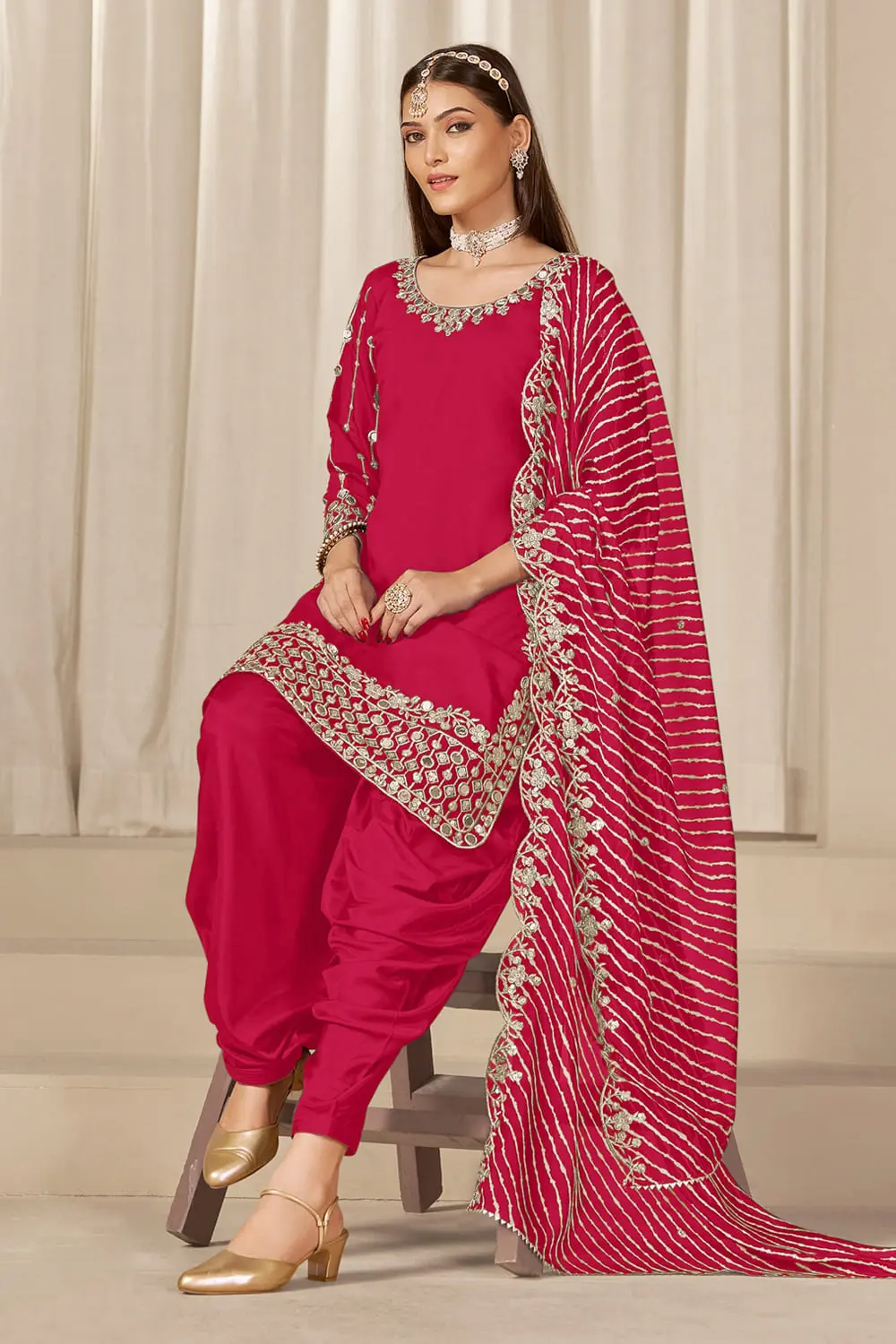 Pleated hot pink patiala salwar with soft organza dupatta