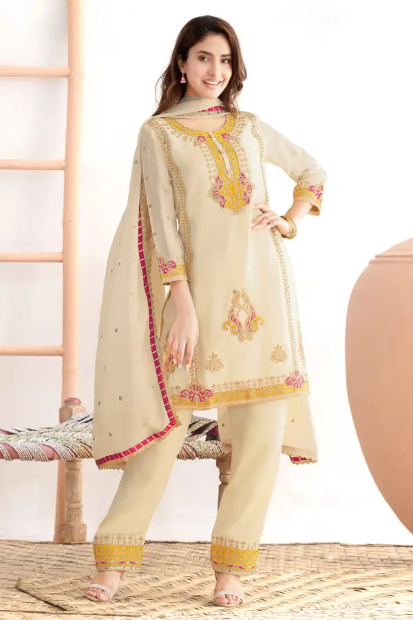 Beige chinon pant suit for women with Taby silk dupatta by Khaish