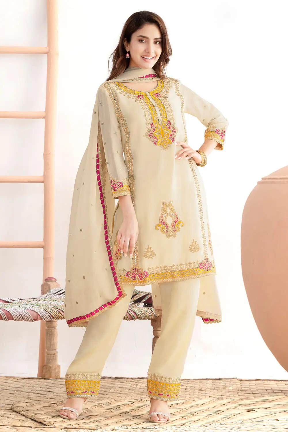 Beige chinon pant suit for women with Taby silk dupatta by Khaish