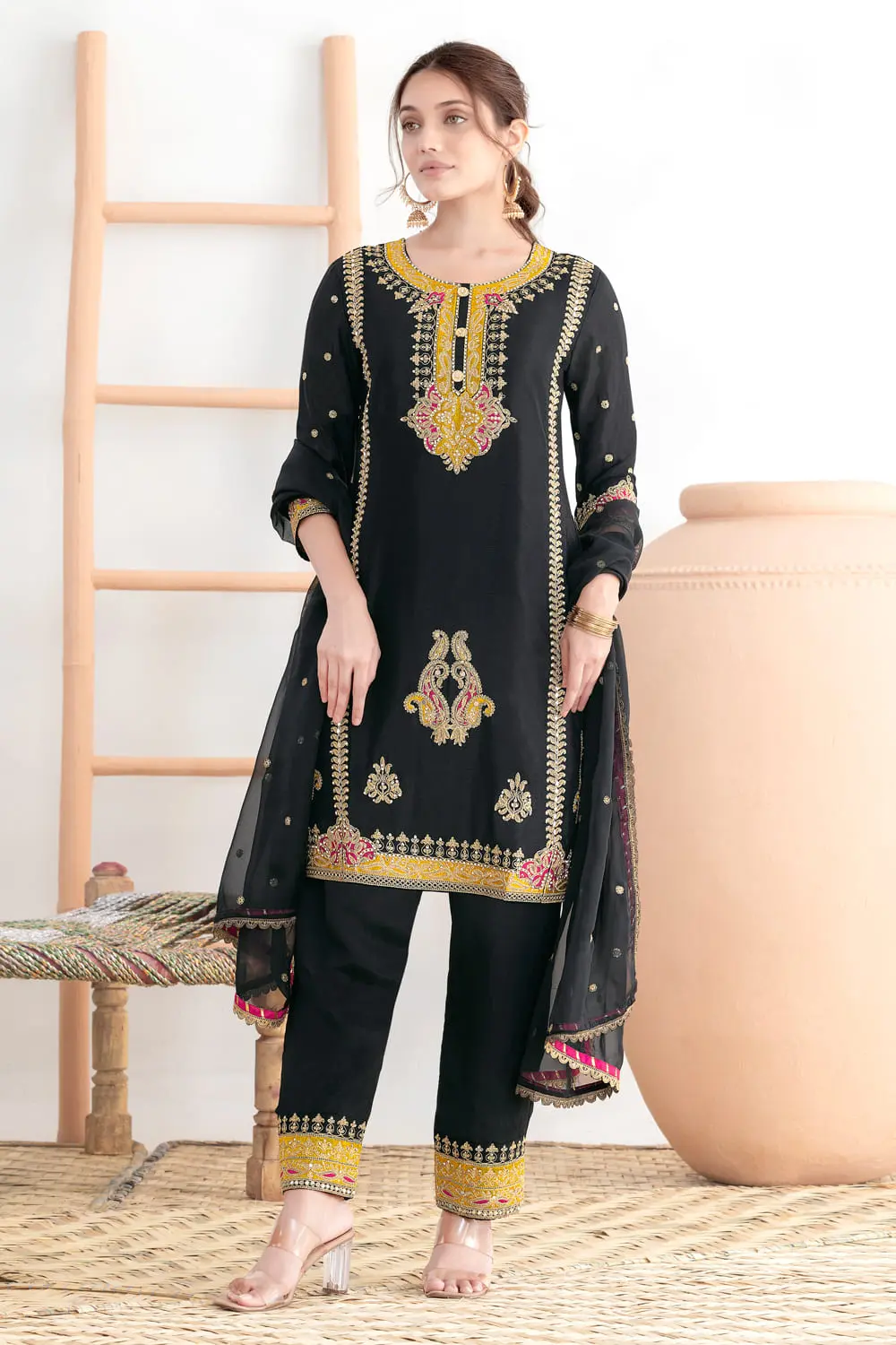 Black Chinon Pant Suit with Applique Work and Taby Silk Butti Dupatta Black Chinon Pant Suit with Applique Work and Taby Silk Butti Dupatta