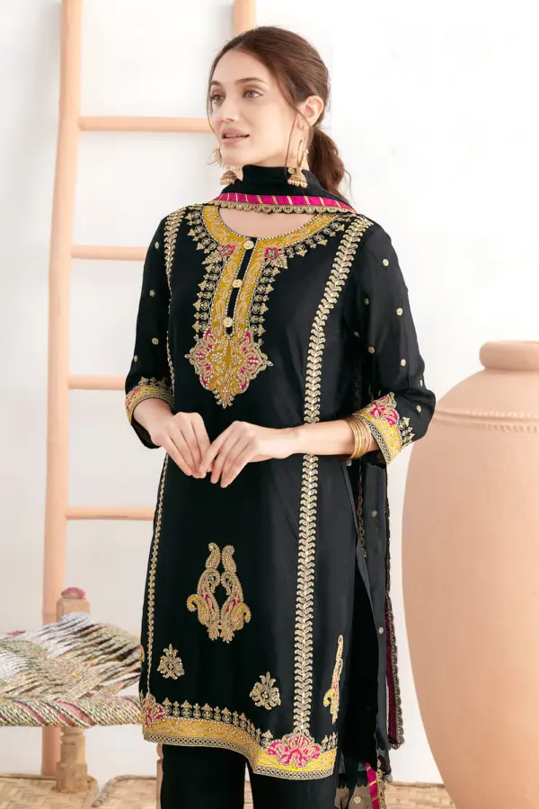 Applique work, dabka dori and mirror work on black chinon top neck and sleeves