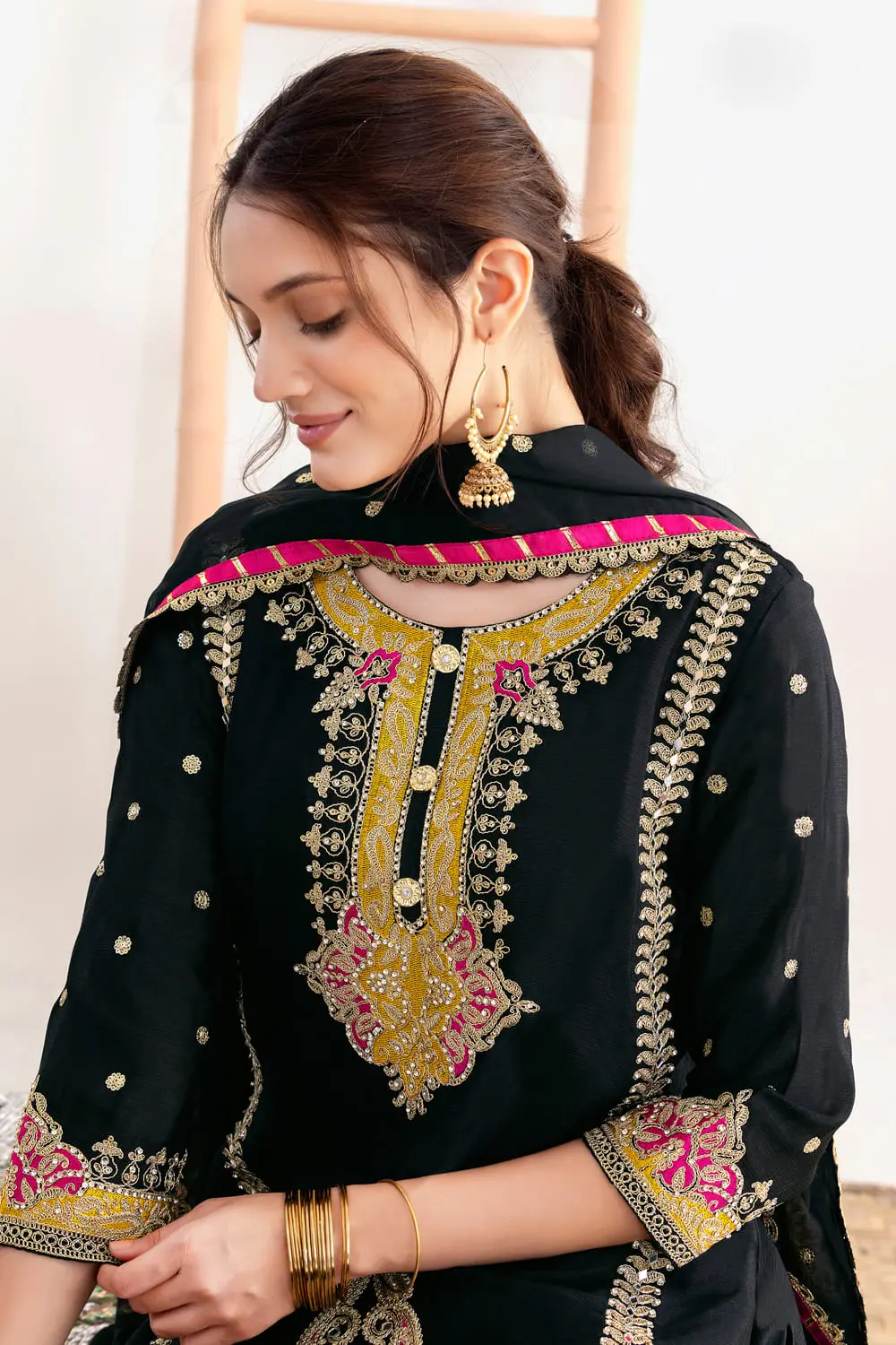 Embroidered chinon pant hem with Taby silk butti dupatta in black