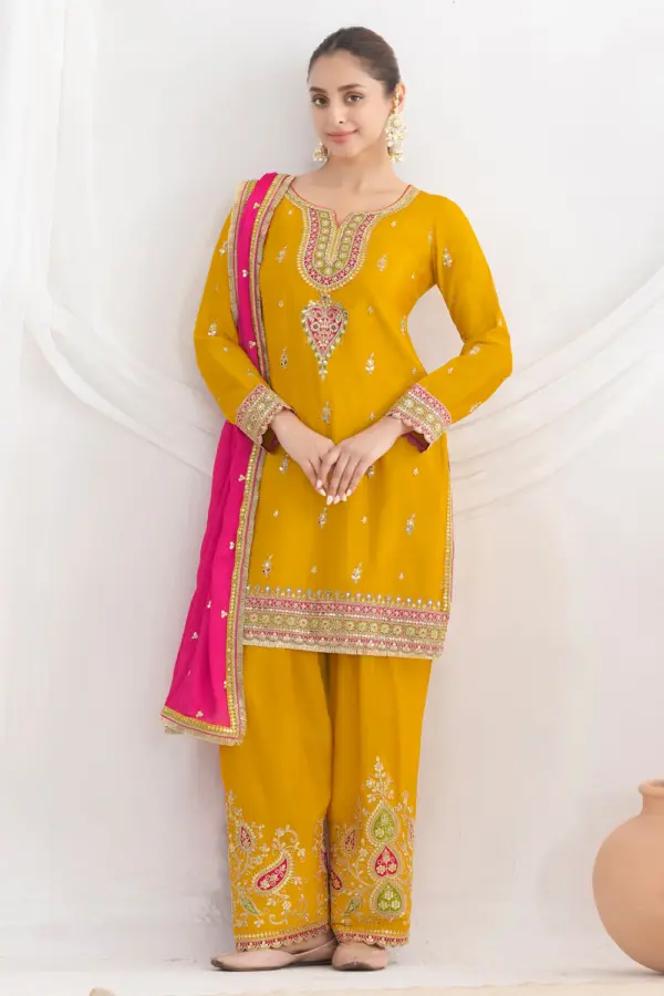 Mustard salwar kameez for festive wear in chinon with zari dupatta by Khaish