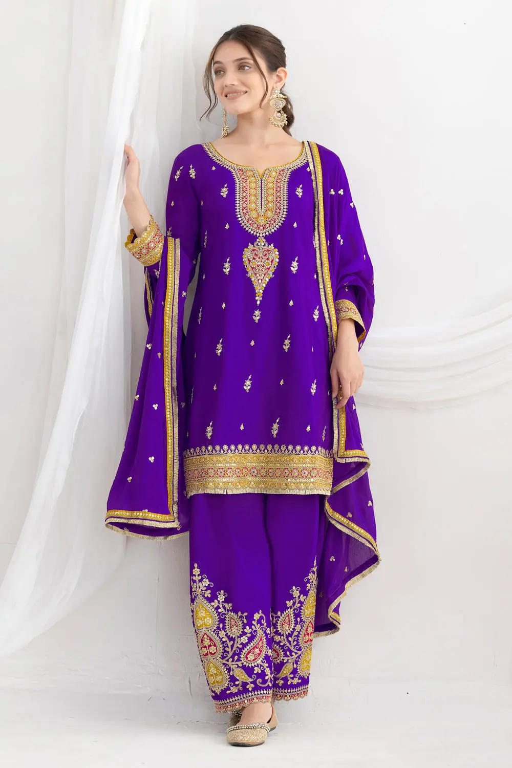 Deep purple salwar suit for women in chinon with zari dupatta by Khaish