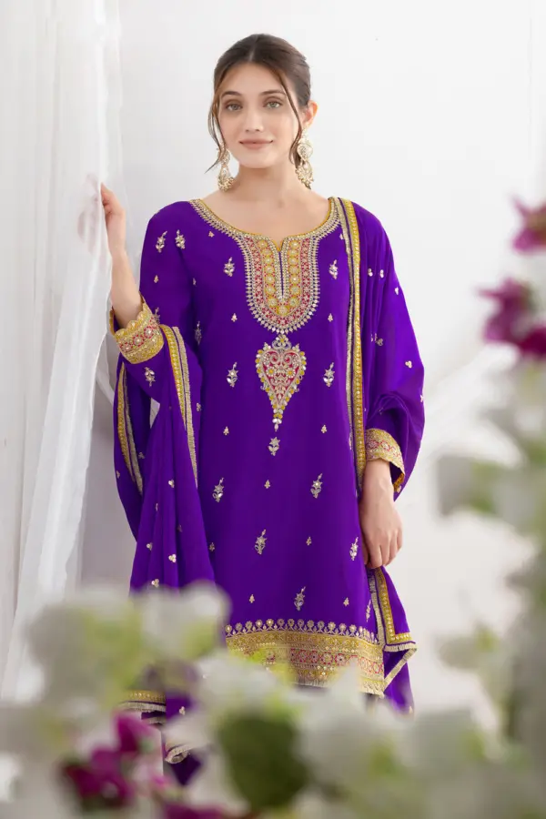 Dabka dori and sequins sleeve embroidery on deep purple chinon kurti