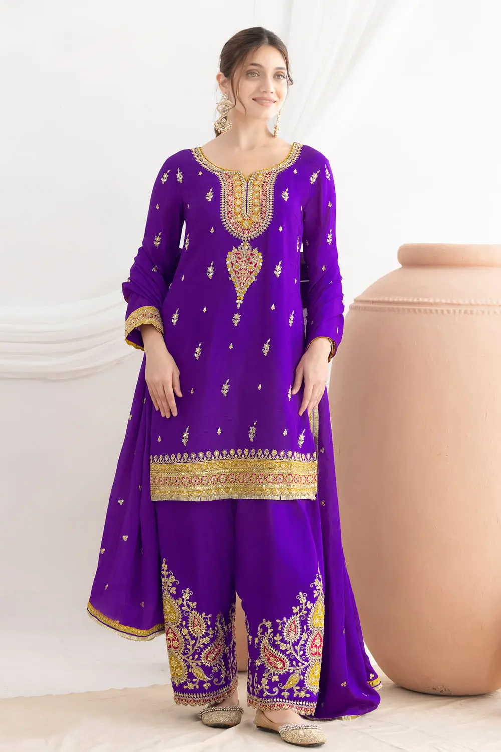 Four side zari lace chinon dupatta with embroidered deep purple salwar