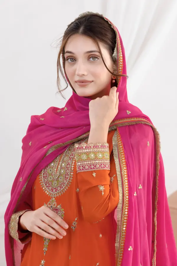 Dabka dori and sequins sleeve embroidery on orange chinon kurti