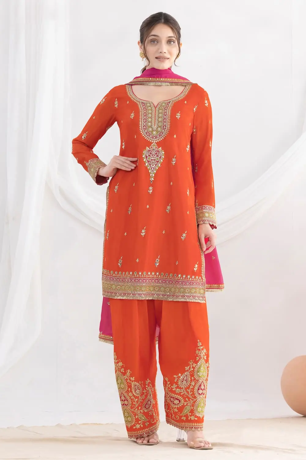 Four side zari lace chinon dupatta with embroidered orange salwar