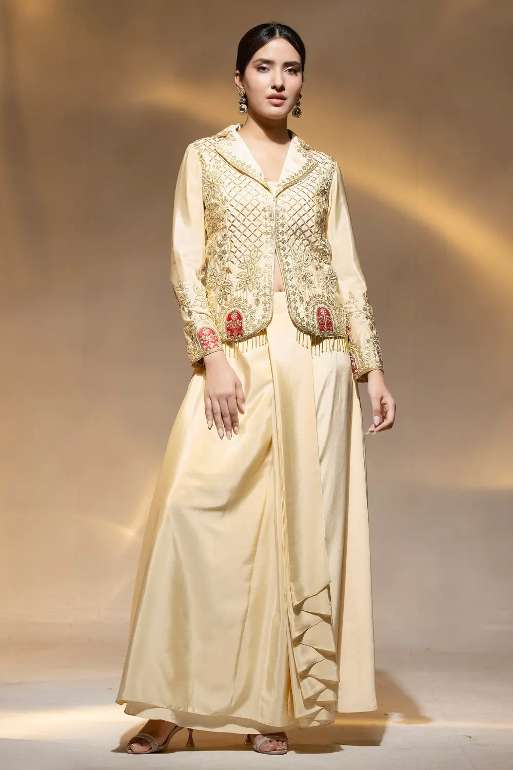 Beige Jacket Drape Skirt Set with Beaded Collar Top and Cowl Draped Skirt Beige Jacket Drape Skirt Set with Beaded Collar Top and Cowl Draped Skirt
